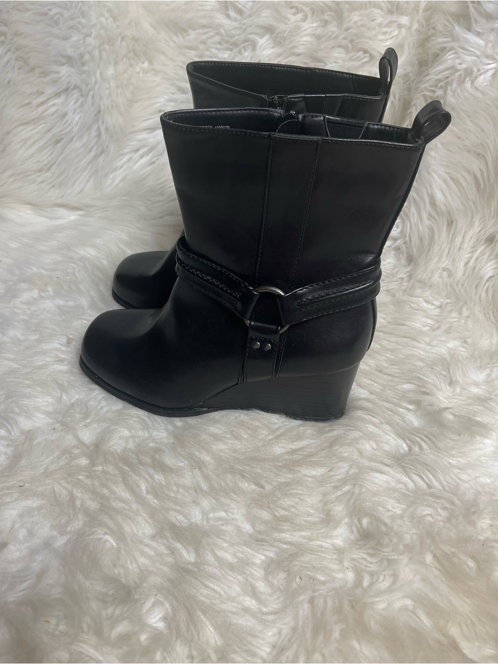 NWOB Torrid synthetic Black Wedge Ankle Boots SZ8.5WW buckle strap accent .